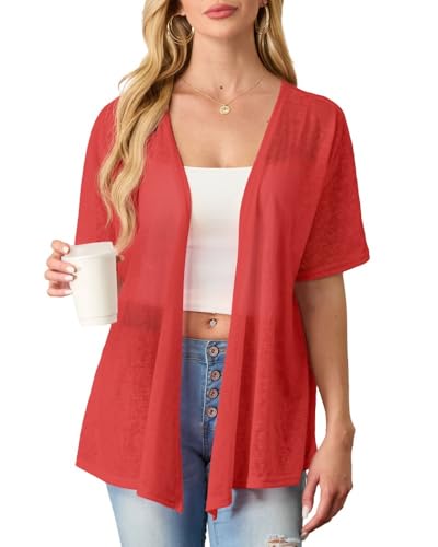 PrinStory Damen Kurzarm Leichte Strickjacke Sommer Cardigan Atmungsaktiv Sonnenschutz Oberteil Frühling Herbst Cardigan (Rot,M) von PrinStory