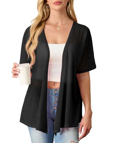 PrinStory Damen Kurzarm Leichte Strickjacke Sommer Cardigan Atmungsaktiv Sonnenschutz Oberteil Frühling Herbst Cardigan (Schwarz,XL) von PrinStory