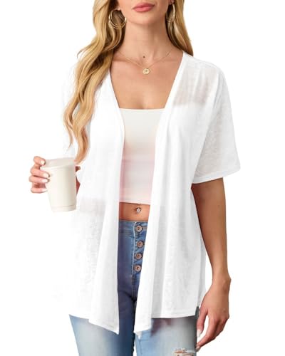 PrinStory Damen Kurzarm Leichte Strickjacke Sommer Cardigan Atmungsaktiv Sonnenschutz Oberteil Frühling Herbst Cardigan (Weiß,M) von PrinStory