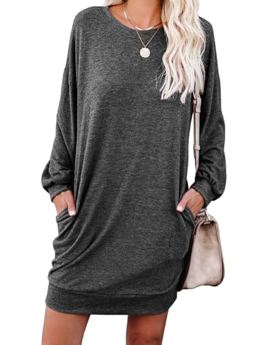PrinStory Damen Langarm Kleider Pulloverkleid Für Damen Rundkragen Tunika Kleid Sweatshirtkleid Mit Taschen Strickkleid (Dunkelgrau, M) von PrinStory