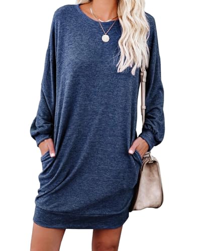 PrinStory Damen Langarm Kleider Pulloverkleid Für Damen Rundkragen Tunika Kleid Sweatshirtkleid Mit Taschen Strickkleid (Marineblau, XXL) von PrinStory