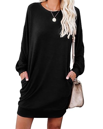 PrinStory Damen Langarm Kleider Pulloverkleid Für Damen Rundkragen Tunika Kleid Sweatshirtkleid Mit Taschen Strickkleid (Schwarz, L) von PrinStory