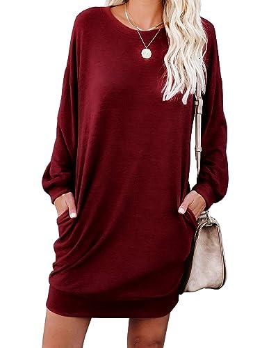 PrinStory Damen Langarm Kleider Pulloverkleid Für Damen Rundkragen Tunika Kleid Sweatshirtkleid Mit Taschen Strickkleid (Weinrot, XXL) von PrinStory
