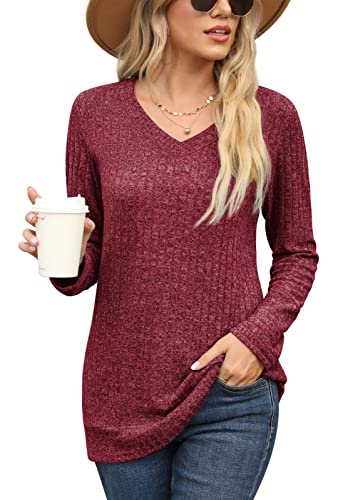 PrinStory Damen Langarmshirts V-Ausschnitt Sweatshirt Lässig Tunika Einfarbig Pullover EU Size 40-42 (Rot, M) von PrinStory