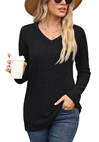PrinStory Damen Langarmshirts V-Ausschnitt Sweatshirt Lässig Tunika Einfarbig Pullover EU Size 40-42 (Schwarz, M) von PrinStory