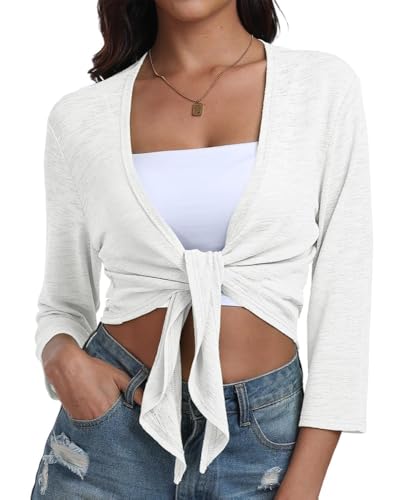 PrinStory Damen Leichte Bolero V-Ausschnitt Cardigan Damen Sommer 3/4 Ärmel Krawatte Front Elegant Strickjacke Oberteil Mantel Solid Top (Bleiche Weiß,S) von PrinStory