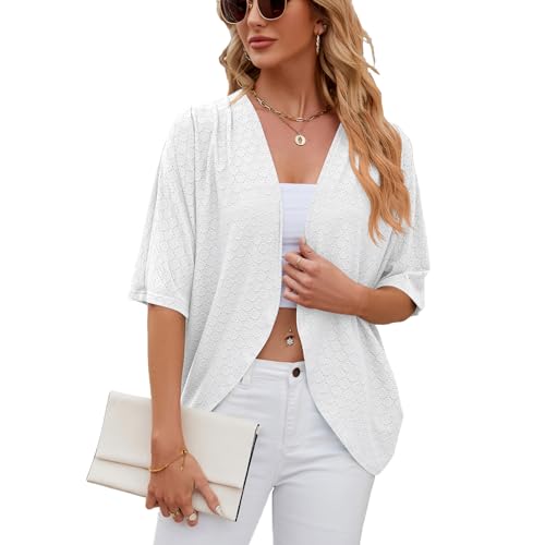 PrinStory Damen Leichte Strickjacke V-Ausschnitt 3/4 Ärmel Offene Front Cardigans Elegant Cardigans Oberteil Mantel Solid Top Frühling Und Sommer (Weiß,XXL) von PrinStory