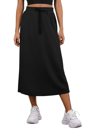 PrinStory Damen Midi Röcke Sommer Elastische Taille Verstellbarer Kordelzug Röcke Mit Taschen Und Zurück Split (A Schwarz, M) von PrinStory
