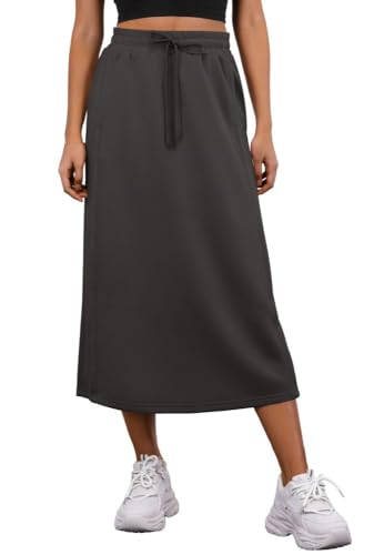 PrinStory Damen Midi Röcke Sommer Elastische Taille Verstellbarer Kordelzug Röcke Mit Taschen Und Zurück Split (Dunkelgrau, XL) von PrinStory