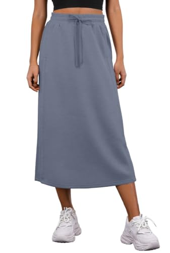PrinStory Damen Midi Röcke Sommer Elastische Taille Verstellbarer Kordelzug Röcke Mit Taschen Und Zurück Split (Graublau, M) von PrinStory
