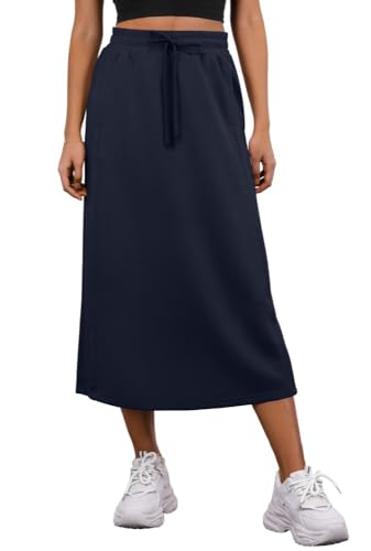 PrinStory Damen Midi Röcke Sommer Elastische Taille Verstellbarer Kordelzug Röcke Mit Taschen Und Zurück Split (Marineblau, M) von PrinStory