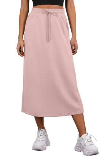 PrinStory Damen Midi Röcke Sommer Elastische Taille Verstellbarer Kordelzug Röcke Mit Taschen Und Zurück Split (Rosarot, S) von PrinStory