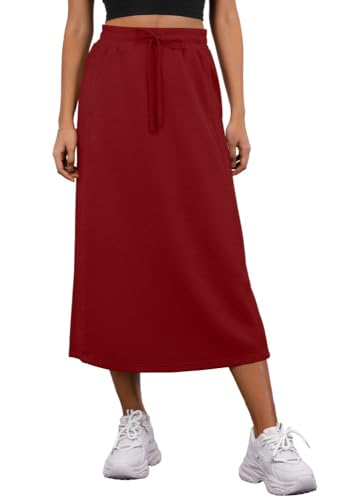 PrinStory Damen Midi Röcke Sommer Elastische Taille Verstellbarer Kordelzug Röcke Mit Taschen Und Zurück Split (Weinrot, XXL) von PrinStory