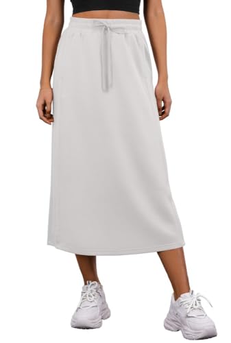 PrinStory Damen Midi Röcke Sommer Elastische Taille Verstellbarer Kordelzug Röcke Mit Taschen Und Zurück Split (Weiß, M) von PrinStory