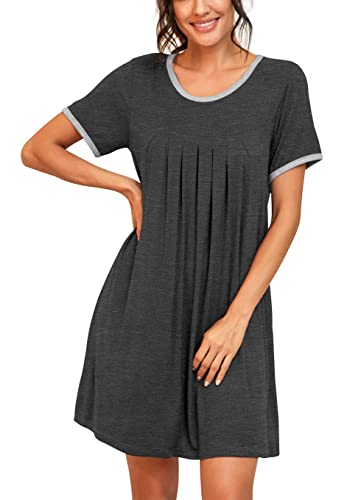 PrinStory Nachthemd Damen Kurzarm Schlafshirt Sommer Sleepshirt Kurz Nachtwäsche Nachtkleid Weiche Schlafhemd (Dunkelgrau, L) von PrinStory