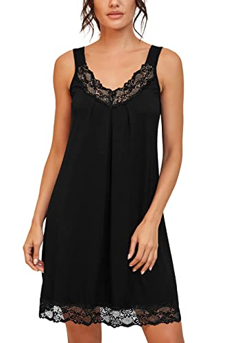 PrinStory Damen Nachtwäsche Spitze V-Ausschnitt Nachthemden Für Damen rutschfeste Breite Schultergurte Nachtkleid (Schwarz, M) von PrinStory