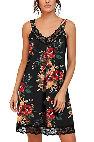 PrinStory Damen Nachtwäsche Spitze V-Ausschnitt Nachthemden Für Damen rutschfeste Breite Schultergurte Unterkleider Nachtkleid (FP Braun Schwarz, S) von PrinStory