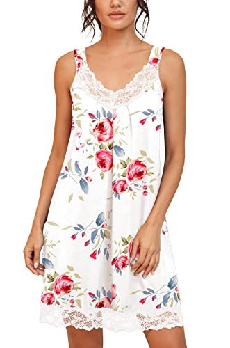 PrinStory Damen Nachtwäsche Spitze V-Ausschnitt Nachthemden Für Damen rutschfeste Breite Schultergurte Unterkleider Nachtkleid (FP Weiß, M) von PrinStory