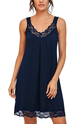 PrinStory Damen Nachtwäsche Spitze V-Ausschnitt Nachthemden Für Damen rutschfeste Breite Schultergurte Unterkleider Nachtkleid (Marineblau, L) von PrinStory