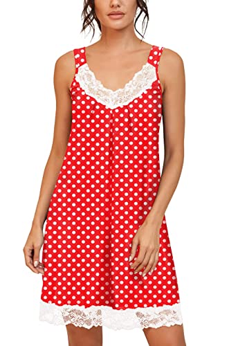 PrinStory Damen Nachtwäsche Spitze V-Ausschnitt Nachthemden Für Damen rutschfeste Breite Schultergurte Unterkleider Nachtkleid (Rote Punkte, M) von PrinStory