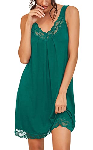 PrinStory Damen Nachtwäsche Spitze V-Ausschnitt Nachthemden Für Damen rutschfeste Breite Schultergurte Unterkleider Nachtkleid (See blau, L) von PrinStory