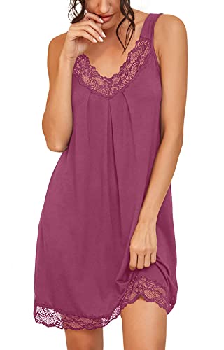 PrinStory Damen Nachtwäsche Spitze V-Ausschnitt Nachthemden Für Damen rutschfeste Breite Schultergurte Unterkleider Nachtkleid (Violett-Rot, S) von PrinStory