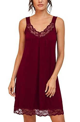 PrinStory Damen Nachtwäsche Spitze V-Ausschnitt Nachthemden Für Damen rutschfeste Breite Schultergurte Unterkleider Nachtkleid (Weinrot, XL) von PrinStory