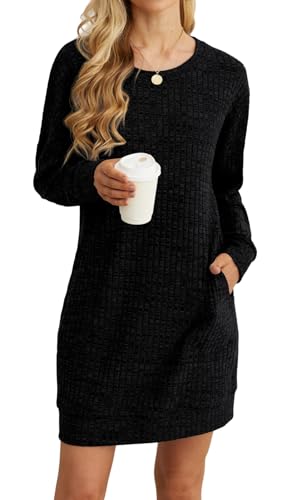 PrinStory Damen Pullover Kleid Freizeitkleider Lässig Rundhalsausschnitt Weich Hautfreundlich Tuinc Tops Basic Sweatkleid Pullover Mit Seitentaschen (Schwarz, XL) von PrinStory