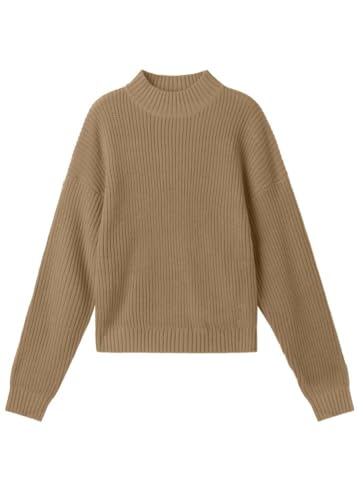 PrinStory Damen Pullover Langarm Strickpullover Rollkragenpullover Elegant Stricken Pulli Gerippt Sweater Oberteile (Dunkles Khaki, XL) von PrinStory