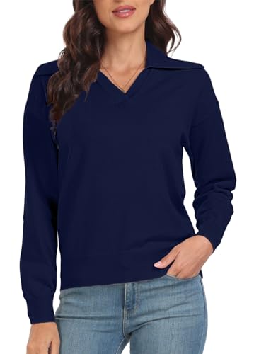 PrinStory Damen Pullover Langarm Strickpullover Sweaters Für Damen Reverskragen V-Ausschnitt Kausale Sweatshirts Warm Winter Herbst Strickwaren (Marineblau, XL) von PrinStory