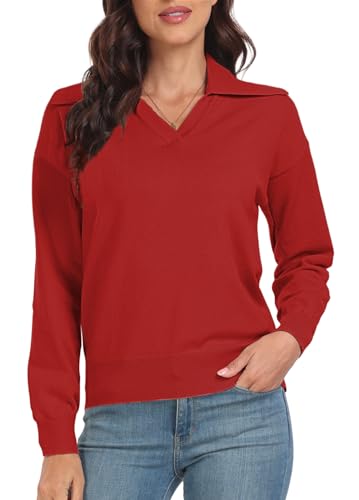 PrinStory Damen Pullover Langarm Sweaters Für Damen Reverskragen V-Ausschnitt Kausale Sweatshirts Warm Winter Herbst Strickwaren (Rot, XL) von PrinStory