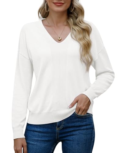 PrinStory Damen Pullover Langarm Sweaters Für Damen V-Ausschnitt Kausale Sweatshirts Warm Winter Herbst Strickwaren (Weiß, L) von PrinStory