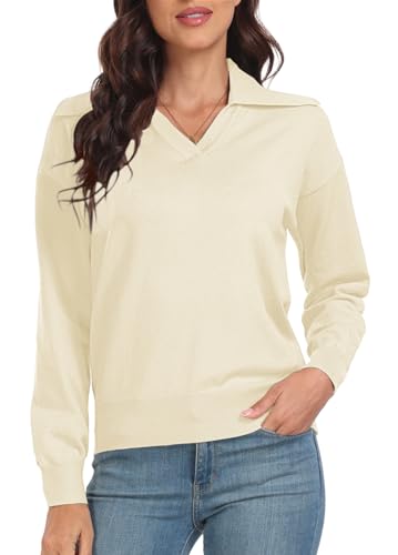 PrinStory Damen Pullover Langen Ärmeln Sweatshirts Reverskragen V-Ausschnitt Weiche Einfarbige Oberteile Lässige Strickwaren (Beige, XL) von PrinStory