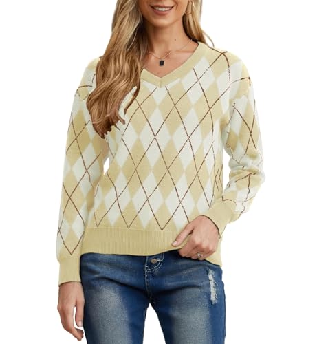 PrinStory Damen Pullover Langen Ärmeln Sweatshirts V-Ausschnitt Weiche Aufeinandertreffende Farben Strickpullover Lässige Strickwaren (FP Hell Khaki, M) von PrinStory