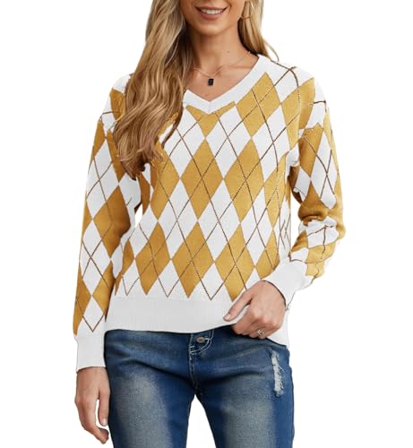PrinStory Damen Pullover Langen Ärmeln Sweatshirts V-Ausschnitt Weiche Aufeinandertreffende Farben Strickpullover Lässige Strickwaren (FP Hellbraun, L) von PrinStory