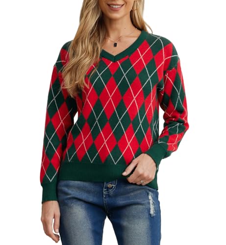 PrinStory Damen Pullover Langen Ärmeln Sweatshirts V-Ausschnitt Weiche Aufeinandertreffende Farben Strickpullover Lässige Strickwaren (FP Rot Grün, XL) von PrinStory