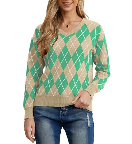 PrinStory Damen Pullover Langen Ärmeln Sweatshirts V-Ausschnitt Weiche Aufeinandertreffende Farben Strickpullover Lässige Strickwaren (FP Seegrün, L) von PrinStory