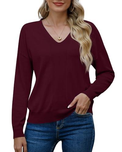 PrinStory Damen Pullover Langen Ärmeln Sweatshirts V-Ausschnitt Weiche Einfarbige Oberteile Lässige Strickwaren (Weinrot, S) von PrinStory