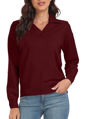 PrinStory Damen Pullover Mit Reverskragen V-Ausschnitt Strick Langärmelig Für Damen Einfarbig Sweatshirts (Weinrot, L) von PrinStory