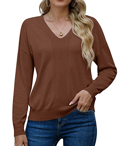 PrinStory Damen Pullover Mit V-Ausschnitt Strick Langärmelig Für Damen Einfarbig Sweatshirts Geschenke Für Frauen (Braun, L) von PrinStory