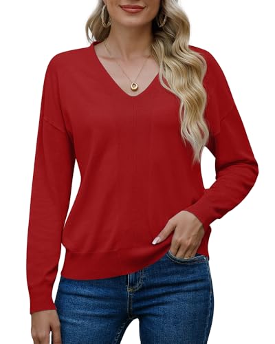 PrinStory Damen Pullover Sweaters Für Damen V-Ausschnitt Kausale Sweatshirts Langarmshirt Damen Warm Pulli Damen Winter Herbst (Rot, XXL) von PrinStory
