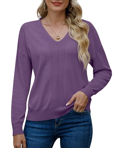 PrinStory Damen Pullover Sweaters Für Damen V-Ausschnitt Kausale Sweatshirts Langarmshirt Damen Warm Winter Herbst Strickwaren (Violett, L) von PrinStory