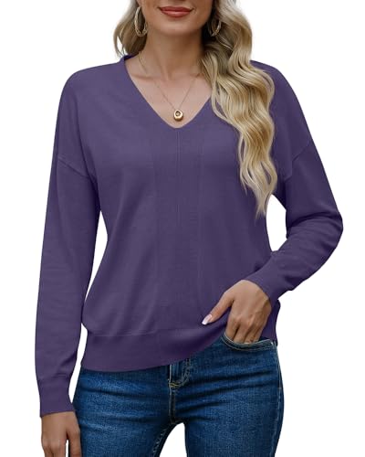 PrinStory Damen Pullover V-Ausschnitt Kausale Sweatshirts Langarmshirt Warm Winter Herbst Strickwaren (Violett, XL) von PrinStory