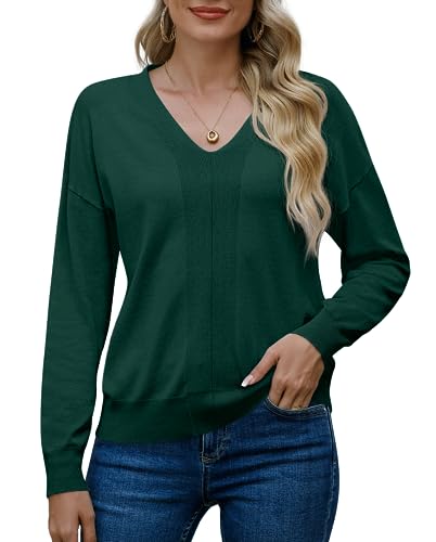 PrinStory Damen Pullover V-Ausschnitt Strick Sweatshirt Damen Langärmelig Für Damen Einfarbig Sweatshirts Geschenke Für Frauen (Dunkelgrün, L) von PrinStory