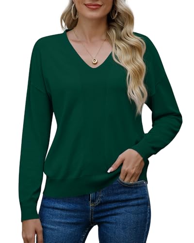 PrinStory Damen Pullover V-Ausschnitt Strick Sweatshirt Damen Langärmelig Für Damen Einfarbig Sweatshirts Geschenke Für Frauen (Dunkelgrün, XXL) von PrinStory