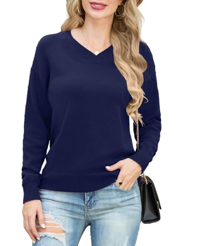 PrinStory Damen Pullover V-Ausschnitt Strickpullover Langen Ärmeln Sweatshirts Lässige Sweater Strickwaren (Marineblau, S) von PrinStory