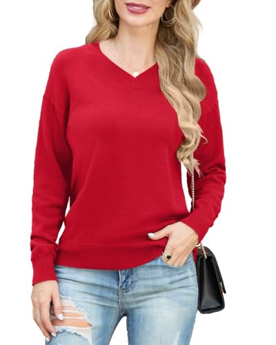 PrinStory Damen Pullover V-Ausschnitt Strickpullover Langen Ärmeln Sweatshirts Lässige Sweater Strickwaren (Rot, M) von PrinStory