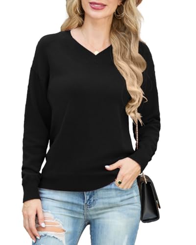 PrinStory Damen Pullover V-Ausschnitt Strickpullover Langen Ärmeln Sweatshirts Lässige Sweater Strickwaren (Schwarz, XL) von PrinStory