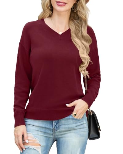 PrinStory Damen Pullover V-Ausschnitt Strickpullover Langen Ärmeln Sweatshirts Lässige Sweater Strickwaren (Weinrot, XXL) von PrinStory