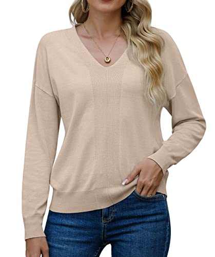 PrinStory Damen Pullover V Hals Weihnachten Pullover Damen Langarm Tops Solid Color Pullover Warme Weiche Strickpullover (Khaki, L) von PrinStory